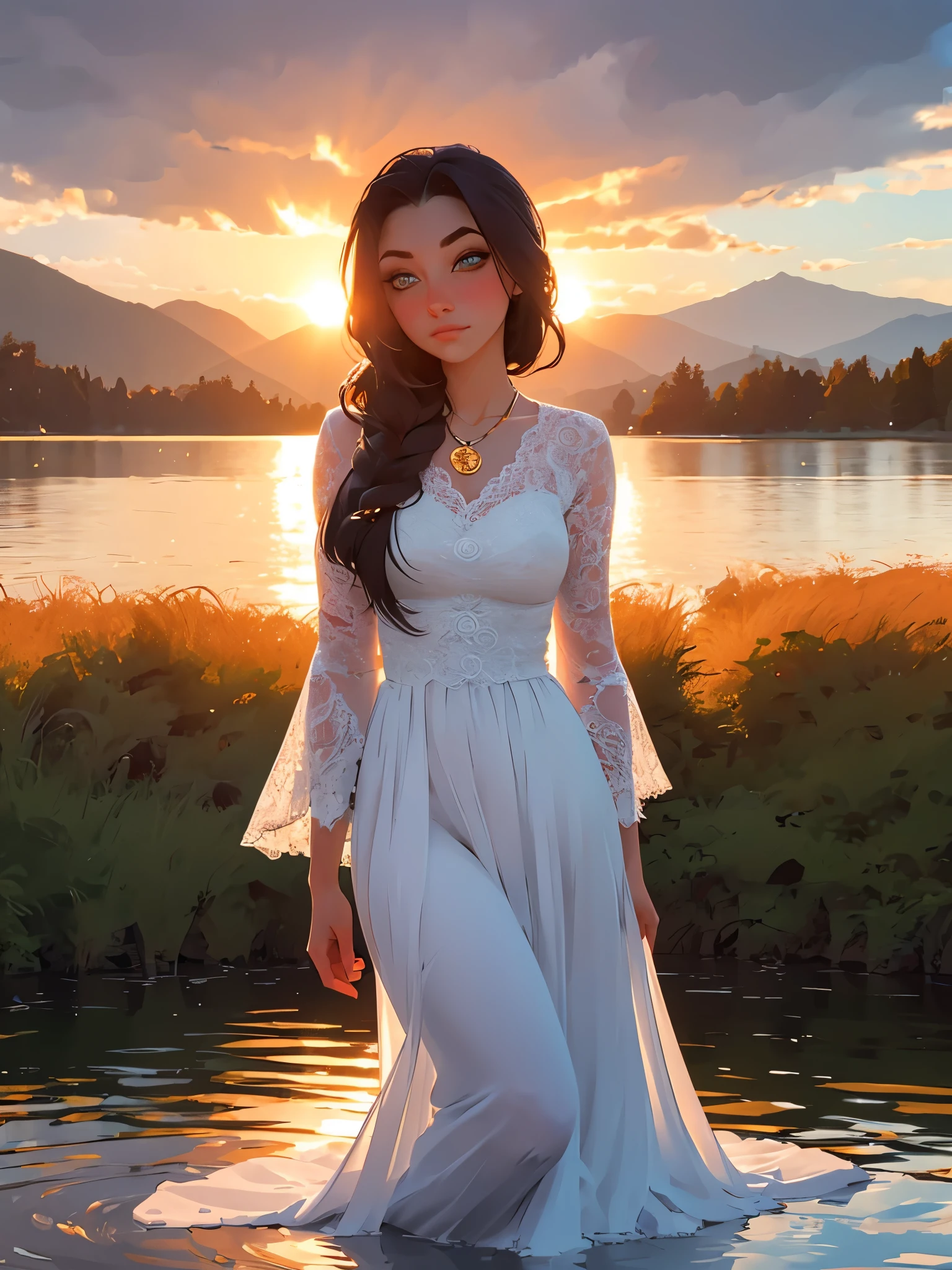 1 girl, serene expression, mesmerizing eyes, straight long hair, flowing dress, poised posture, porcelain skin, subtle blush, crystal pendant BREAK golden hour, (rim lighting):1.2, warm tones, sun flare, soft shadows, vibrant colors, painterly effect, dreamy atmosphere BREAK scenic lake, distant mountains, willow tree, calm water, reflection, sunlit clouds, peaceful ambiance, idyllic sunset, ultra detailed, official art, unity 8k wallpaper , zentangle, mandala