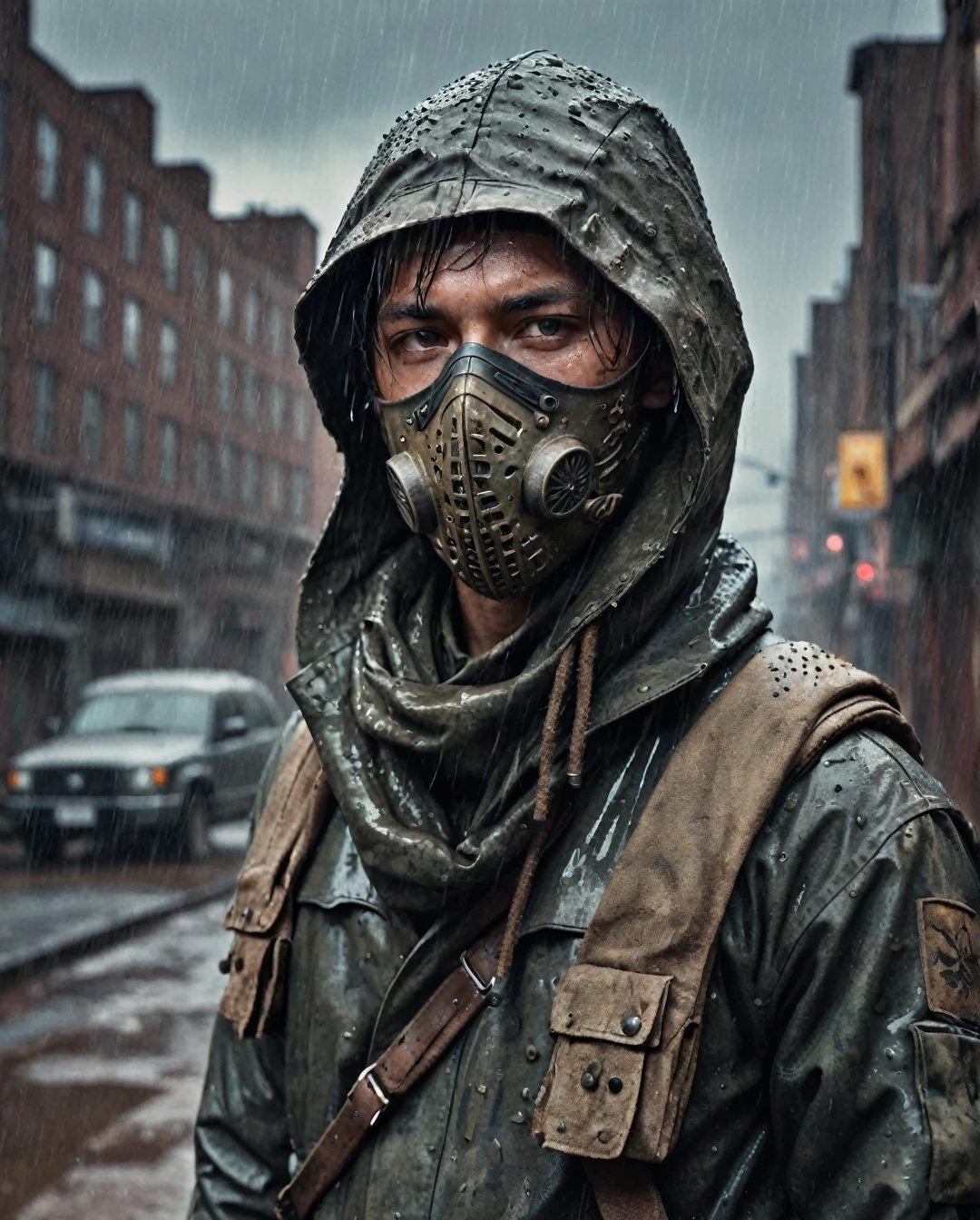photorealism, hyperrealism, cinematic, A stunning street style portrait of a rugged post-apocalyptic, of Skorpion, braving the elements. using your mask. Dressed in traditional costume with military camouflage details with a worn texture, he stands against a desolate urban backdrop. Rain falls, creating a cinematic atmosphere as the drops hit the surface of the coat. Intricate details such as patched repairs and buckled straps accentuate the character's resilience and resourcefulness. The scene is captured in a high-contrast, emphasizing the interplay of light and shadows.