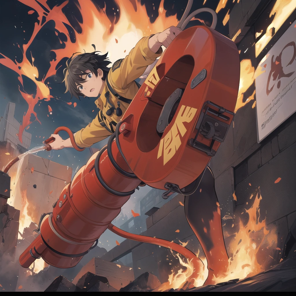 anime Firefighter with a hose and a fire hose, Anime drawings inspired by Katsuhiro Otomo, Pixiv, What it is？, Firefighter, Firefighter, Dynamic Guidance Art, Dynamic Guidance Artwork, kastuhiro otomo, Kentaro Miura&#39;s Manga Art Style, High-quality artwork, toriyama akira, Kentaro Miura art, katsuhiro tomo