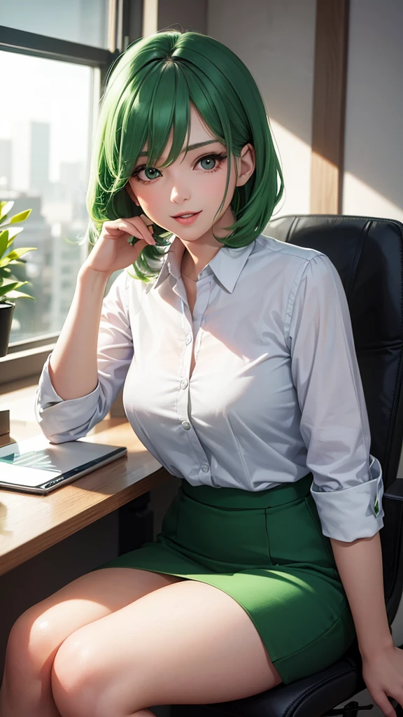 a beautiful young female student with vibrant green hair, sitting in an office setting, in a cute and cheerful pose, short stylish green hair, detailed half-body portrait, elegant office attire, photorealistic, highly detailed, 8k, masterpiece, dynamic lighting, warm color tones, cinematic composition