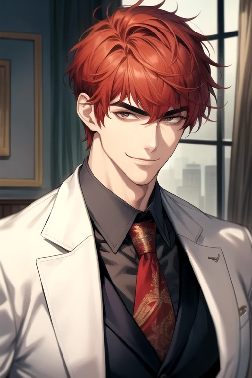 masterpiece, best quality, realistic, 1man, male focus, tall muscular, handsome, [thick eyebrows:0.5], smile, suit, portrait, extremely detailed face, red hair, (short hair)