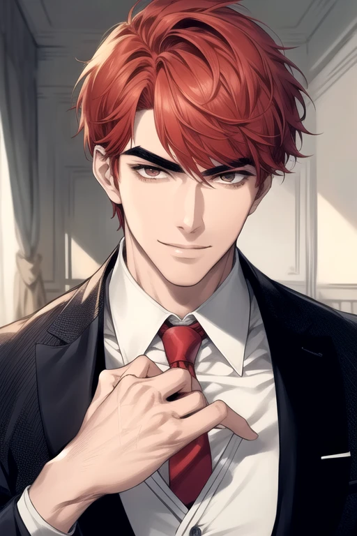 masterpiece, best quality, realistic, 1man, male focus, tall muscular, handsome, [thick eyebrows:0.5], smile, suit, portrait, extremely detailed face, red hair, (short hair)