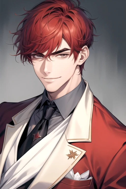 masterpiece, best quality, realistic, 1man, male focus, tall muscular, handsome, [thick eyebrows:0.5], smile, suit, portrait, extremely detailed face, red hair, (short hair)