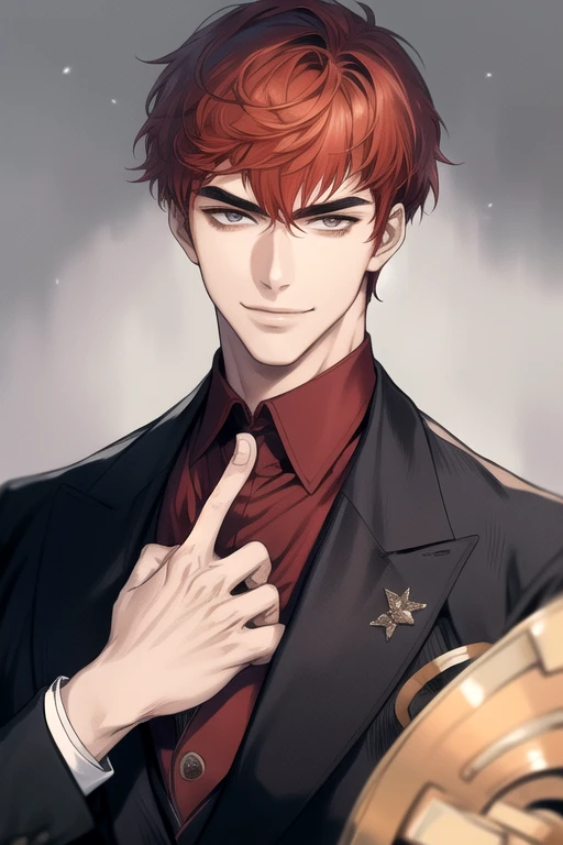masterpiece, best quality, realistic, 1man, male focus, tall muscular, handsome, [thick eyebrows:0.5], smile, suit, portrait, extremely detailed face, red hair, (short hair)
