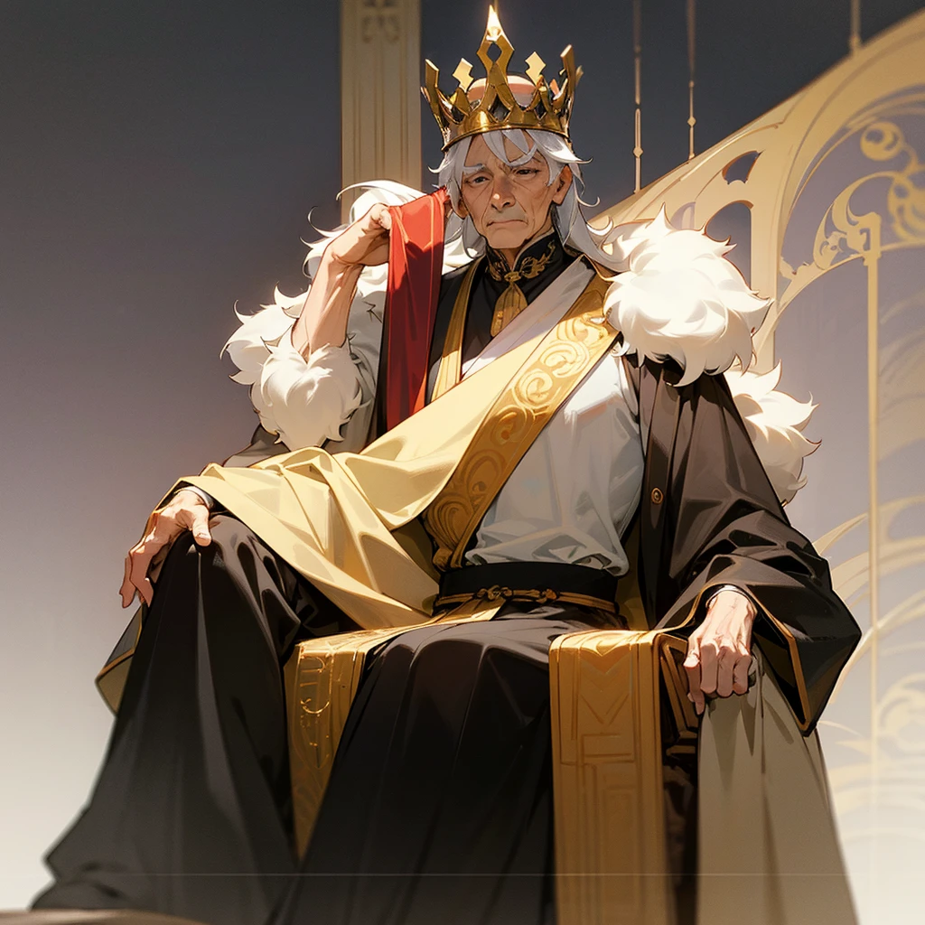 high resolution、An elderly, well-dressed king。Good physique。Wearing the King、Sitting on the throne。
Dignified、The sour king。