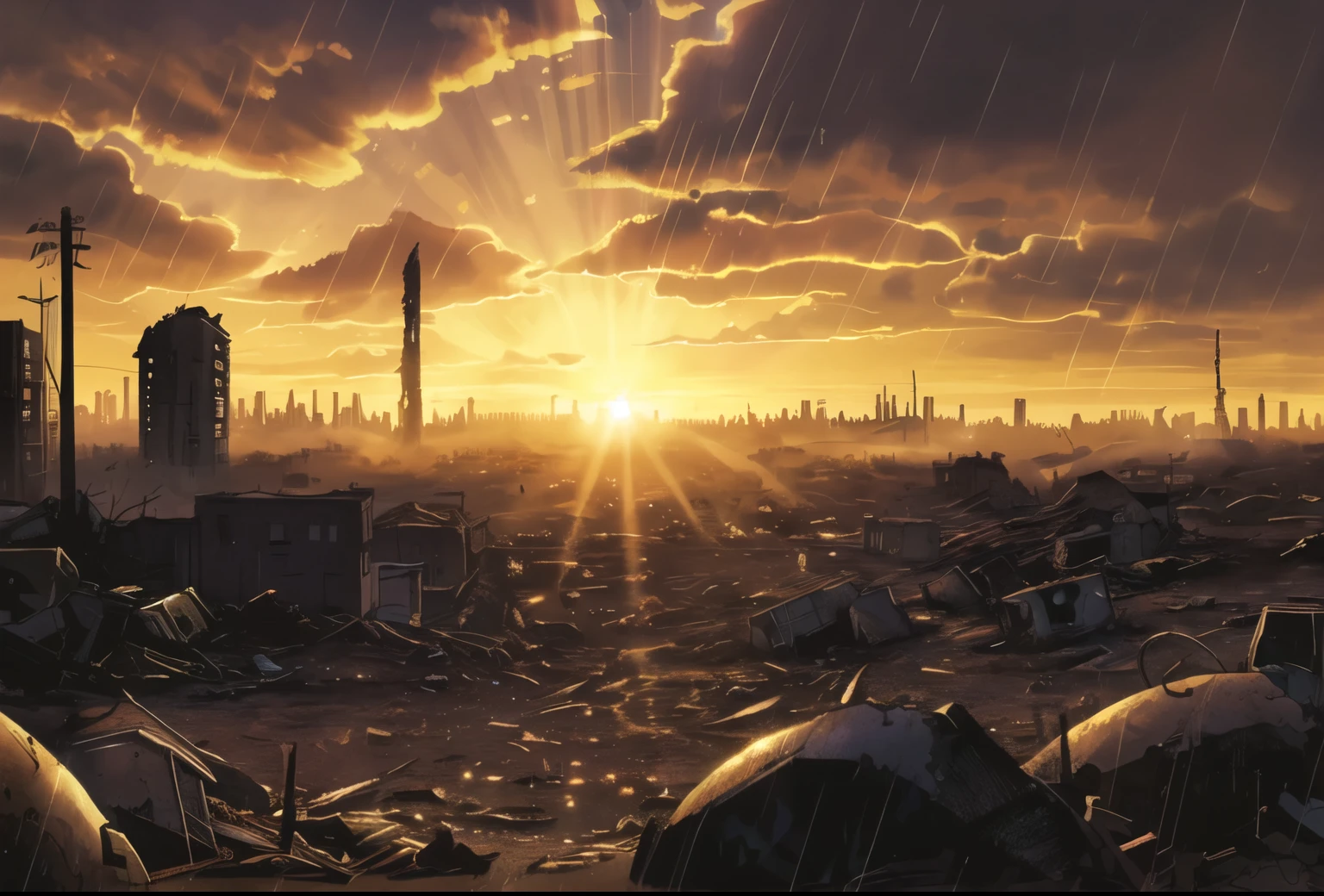 ((ultra detailed, Glossy, seeds, comic style)), (Post apocalyptic ruined rainy city background:1.2),dusty and crumbling rubble, lonely, scorching sun, Sunset, gloomy, (backlit:1.3), High resolution, depth of field, (deep shadows:1.2)