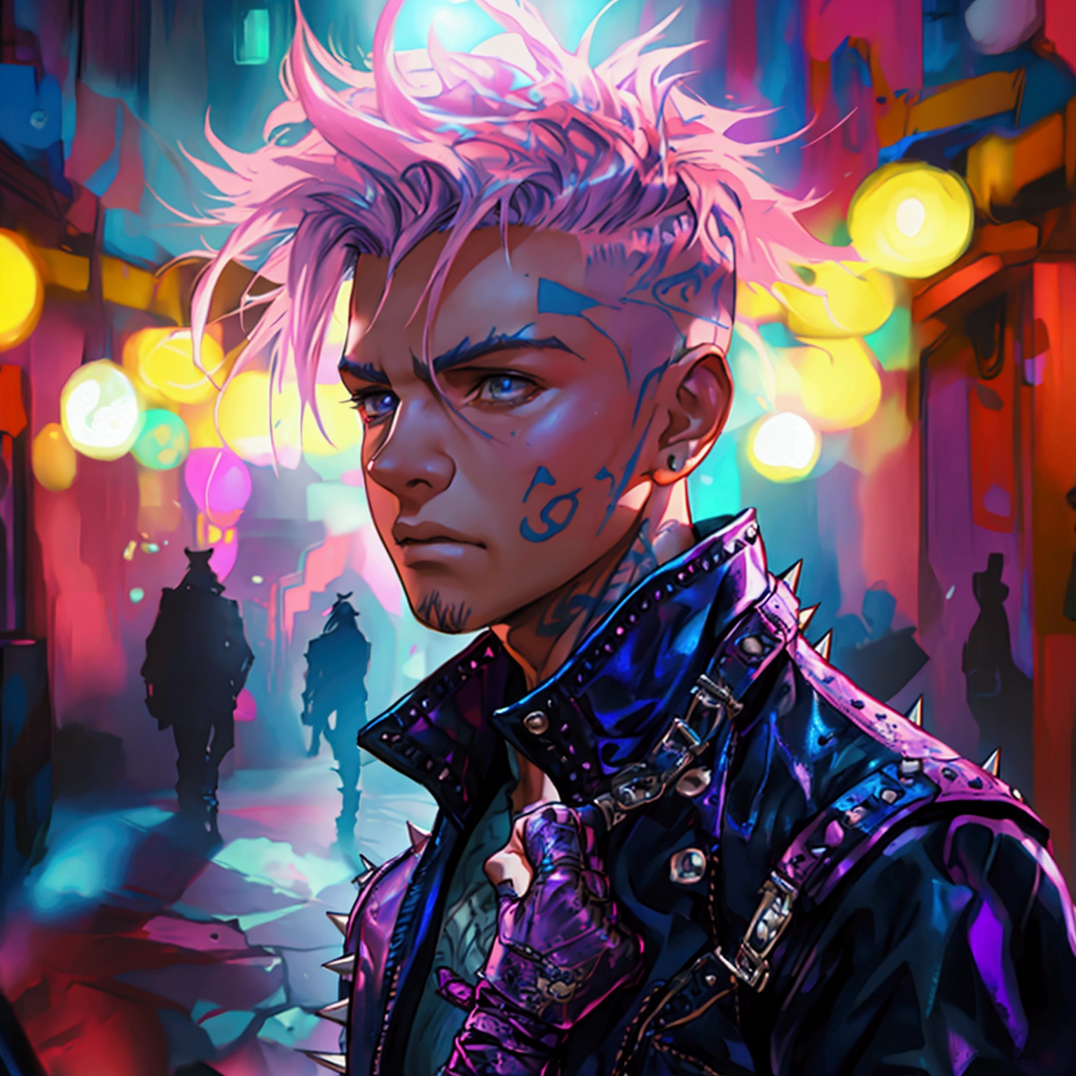 a young male with a pink and blue undercut, punk leather jacket with metal spikes, fingerless gloves, purple snakeskin pants, cowboy boots, detailed facial features, cinematic lighting, dramatic atmosphere, hyper-realistic, award-winning concept art, digital painting, 8k, HDR