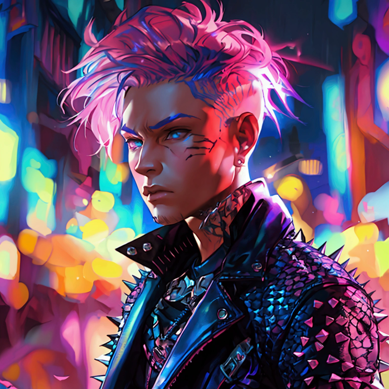 a young male with a pink and blue colored undercut, punk leather jacket with metal spikes, fingerless gloves, purple snakeskin pants, cowboy boots, detailed facial features, cinematic lighting, dramatic atmosphere, hyper-realistic, award-winning concept art, digital painting, 8k, HDR