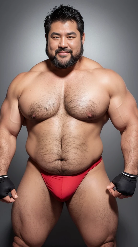 black hair, middle-aged man, individual, male, Muscular wrestler, muscular, Stout wrestler, Asian, Japanese, uncle, 55 year old middle-aged man, short hair, short hair, red wrestling boots, full body portrait, shadow, Vision, red briefs, obesity, 45 years old, short beard, middle-aged man, tattoo, fingerless gloves, Wheat skin, shiny skin, dark skin, Show your pectoral muscles, sumo wrestler, bodybuilder, wide temples, Visible abdominal muscles, Smile, Fine hands, solid color background, pure white background, Surrealism, Panorama, 8k, super detail,