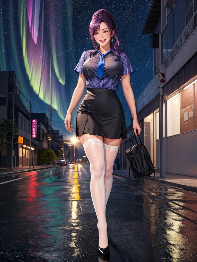 office lady, high resolution, Masterpiece, Anatomically correct, Highly detailed, realistic textures, blushing, dark purple hair, , big breasts, BIG ASS, woman is walking on street, night sky, aurora and stars background, deep blue shirt, black short skirt, full body, pink lips, secretary uniform, sexy lady, rain, shadow on the road, light on electricity post, Wet shirt, diamond eyes, wear black stocking, long hair, realistic textures, high resolutionสุด, very detailed, quality, ตาสีฟ้า, ยิ้ม, รอยยิ้มบางๆ, ปัดแก้มอ่อนๆ, จ้องมอง, tie hair up