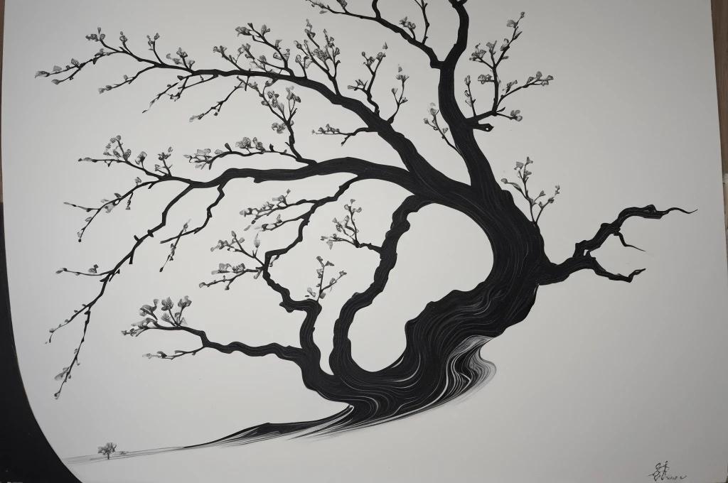 Penmanship,one black cerry blossom big fat tree,monochrome,old painting,white background,very far away,center