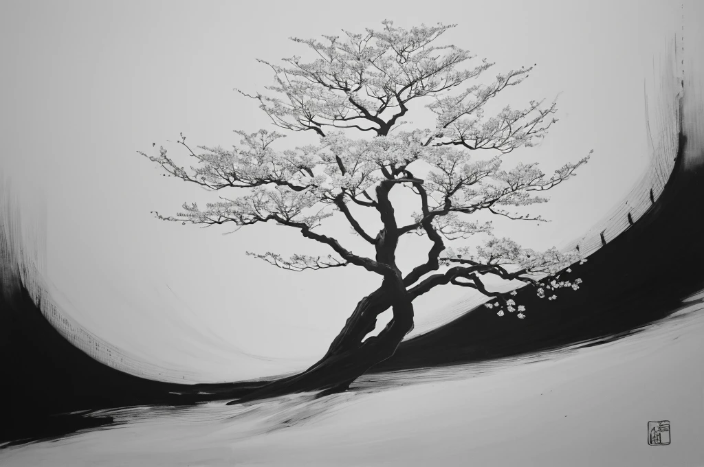 Penmanship,one black cerry blossom little tree,monochrome,old painting,white background,very far away,center