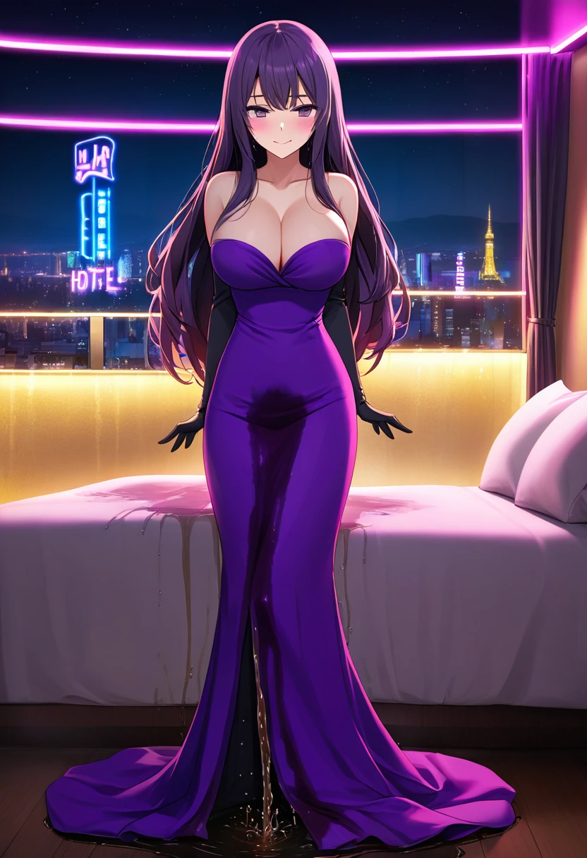 woman, very dark purple hair, purple eyes, long hair, large breasts, very long dress, very tight dress, standing, (wetting herself:1.5), best quality, ultra-detailed, HDR, studio lighting, professional, vivid colors, sharp focus, bokeh, landscape, love hotel, bed, night, window, cityscape, colorful city, neon lights, futuristic, science fiction, soft lighting, dynamic shadows, embarrassed, humiliation, blushing, naughty face, seductive expression, facing viewer, (desperate:1.5), (horny:1.5)