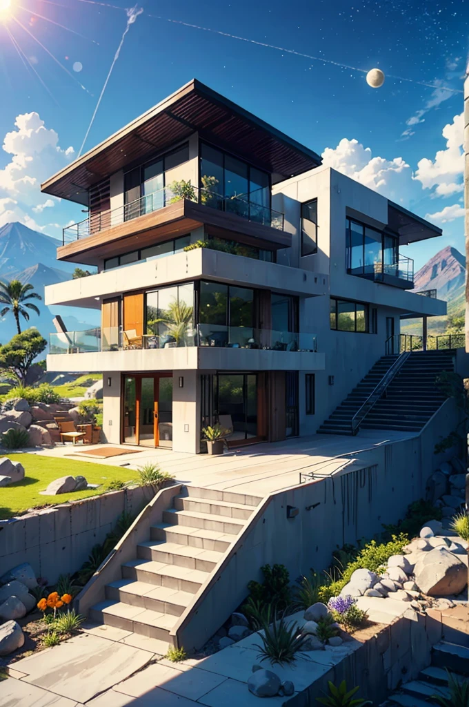 small and beautiful modern house in top of big boulders, terraces, pool, stairs, multiple cacti gardens, palms, trees, rocks, beautiful landscape design, mountains and volcano y background, amazing clouds, sun, moon, planets, milky way galaxy, concrete, wood, glass and steel materials, olive green, violet, orange and withe colors in facade