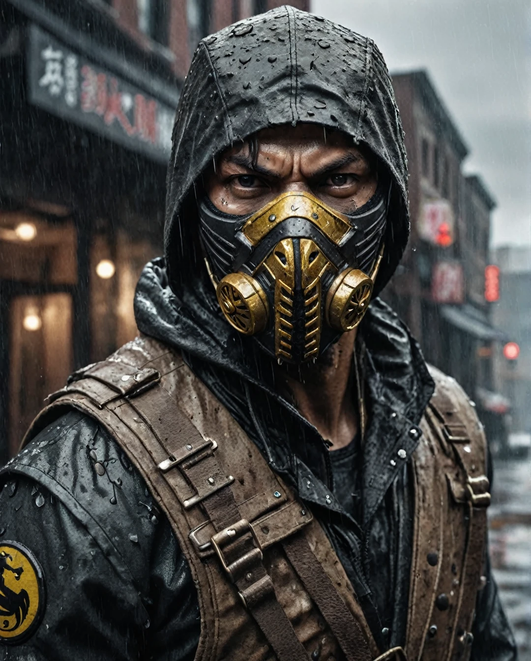 photorealism, hyperrealism, cinematic, A stunning street style portrait of a rugged post-apocalyptic, of  Skorpion of mortal kombat, braving the elements. using your mask. Dressed in traditional costume with military camouflage details with a worn texture, he stands against a desolate urban backdrop. Rain falls, creating a cinematic atmosphere as the drops hit the surface of the coat. Intricate details such as patched repairs and buckled straps accentuate the character's resilience and resourcefulness. The scene is captured in a high-contrast, emphasizing the interplay of light and shadows.