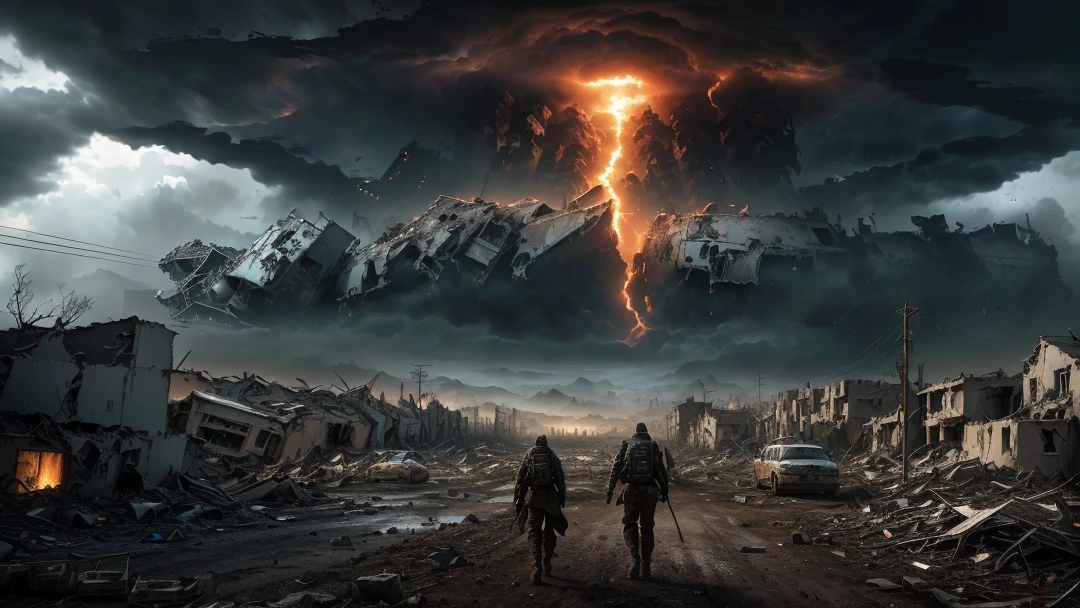 Arafed image of two people walking in a destroyed village., ominous apocalyptic background, apocalyptic scene, realistic apocalyptic war scene, apocalyptic 8k, apocalyptic 8k, ( apocalyptic ) 8k, apocalyptic art, Dramatic still from sci-fi movie., apocalyptic background, post apocalyptic atmosphere, in a post-apocalyptic wasteland, stormy and grand war scene, post-apocalyptic hellscape
