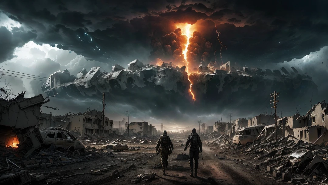 Arafed image of two people walking in a destroyed village., ominous apocalyptic background, apocalyptic scene, realistic apocalyptic war scene, apocalyptic 8k, apocalyptic 8k, ( apocalyptic ) 8k, apocalyptic art, Dramatic still from sci-fi movie., apocalyptic background, post apocalyptic atmosphere, in a post-apocalyptic wasteland, stormy and grand war scene, post-apocalyptic hellscape