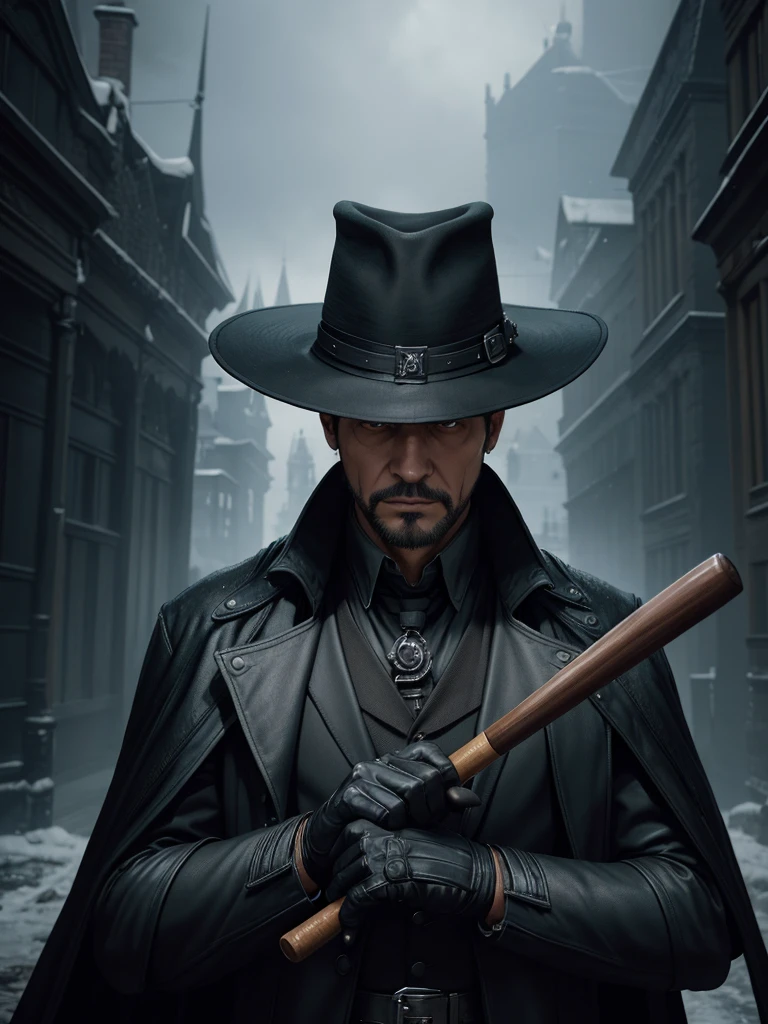 a man in a black coat and hat holding a baseball bat, by Aleksander Gine, style of raymond swanland, mysterious man, artgerm and ilya kushinov, artgerm greg rutkowski _ greg, portrait of a bloodborne hunter, by Yang J, artgerm and grek rutkowski, by Harrington Mann, menacing look