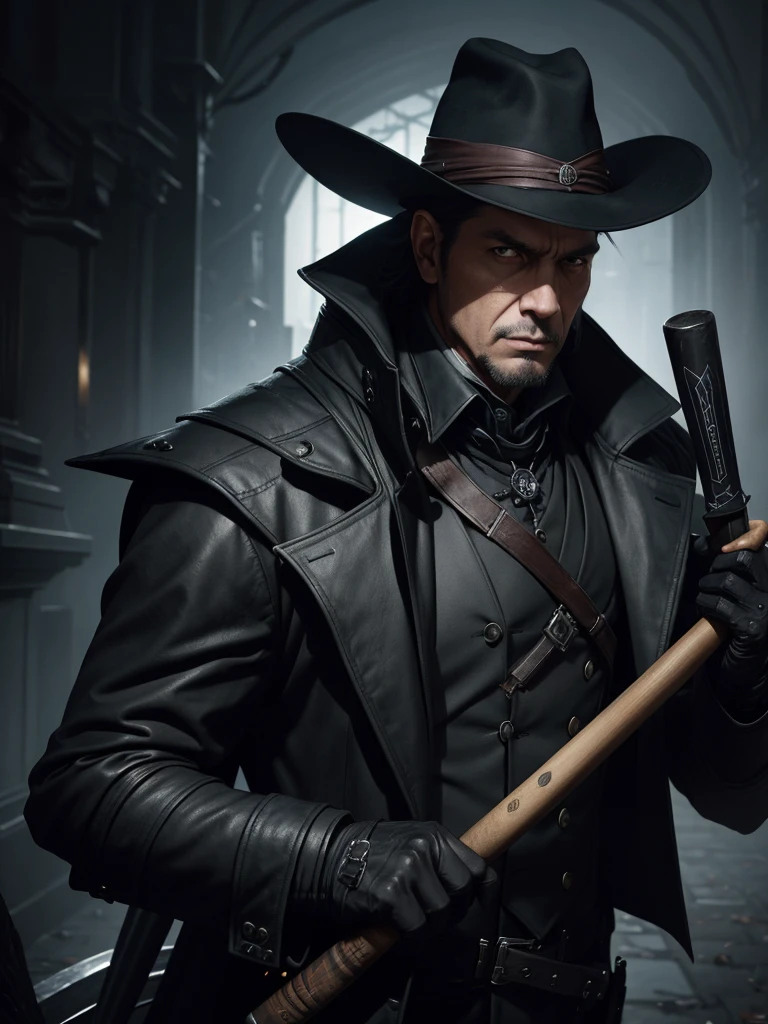 a man in a black coat and hat holding a baseball bat, by Aleksander Gine, style of raymond swanland, mysterious man, artgerm and ilya kushinov, artgerm greg rutkowski _ greg, portrait of a bloodborne hunter, by Yang J, artgerm and grek rutkowski, by Harrington Mann, menacing look