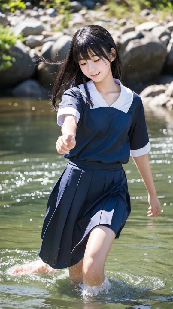 There is a Japanese high school student who is mature and neat.。Beautiful black hair, center parted, semi-long。Wearing a 、Playing in the river。