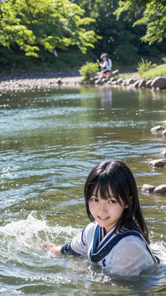 There is a Japanese high school student who is mature and neat.。Beautiful black hair, center parted, semi-long。Wearing a 、Playing in the river。