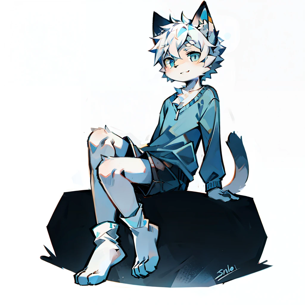 furry, cat boy,(White hair),(Dark gray skin),blue eyes,Sit on the void,(Wear short white socks),Light blue pajamas and shorts,White background,The only person,high quality