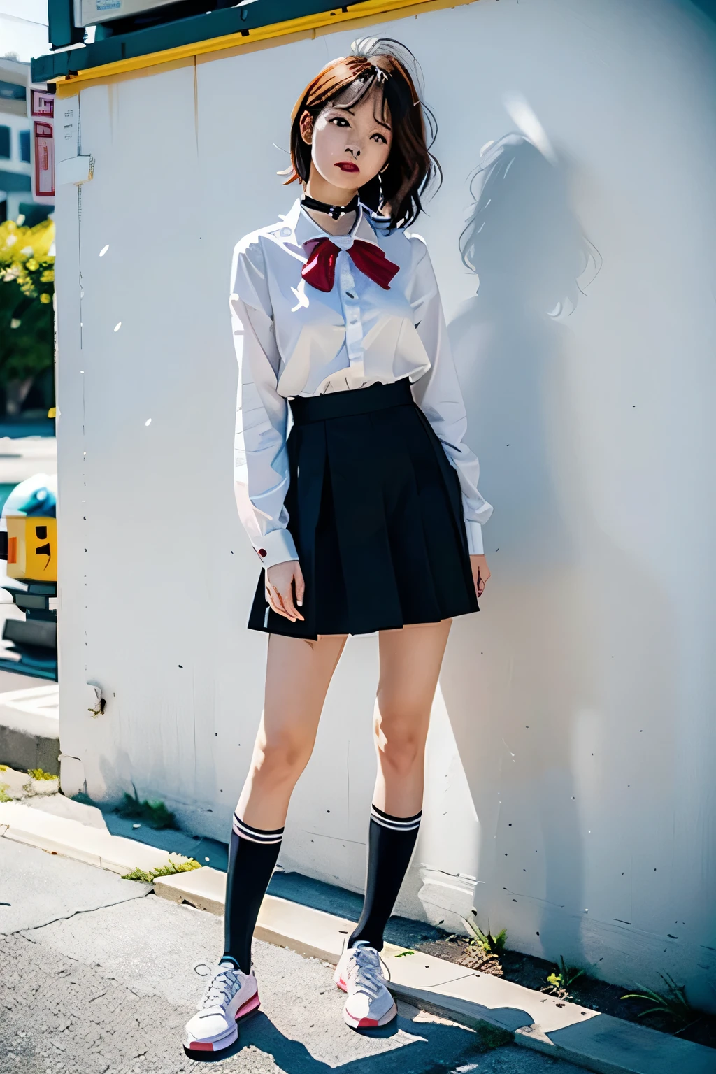 best qualityer, work of art, extremely detaild, high resolution, 4K, ultra high resolution, detailed shadow, ultra realisitic, realisitic, dramatic lighting, film grain, 
1 girl, 19 years old Korean idol, realisitic eyes, realisitic skin, breasts small, drlight smile, parted lips, shorth hair, 
, collar shirt, choker, white shirt with the first button open, Short red checkered skirt, pink sock, tennis, 
plein-air, against the wall, alone, Korea, Street, 
looking ahead at viewer, standing,