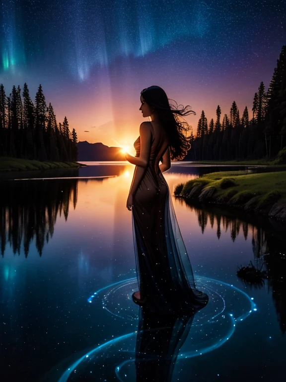 (The woman's body is so transparent that you can see through to the other side), shadow art, fusion art, silhouette art, masterpiece, woman’s shadow reflected on transparent dress, evening sunset, bright starry sky, light leaks, Sunset reflected on the water surface, scene of a sunset with stars and planets, Waveless lake, floating, Aurora, nebula, 