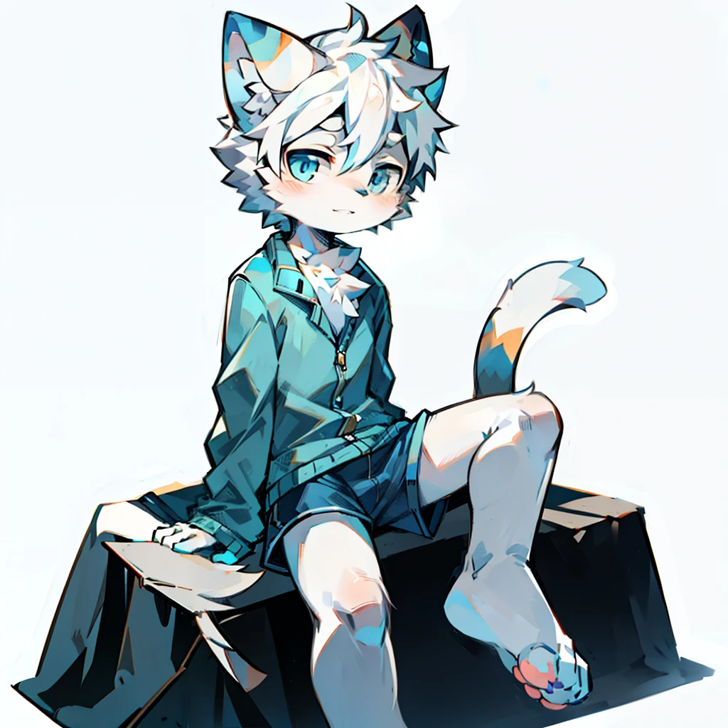 furry, cat boy,(White hair),(Dark gray skin),blue eyes,Sit on the void,(Wear short white socks),Light blue pajamas and shorts,White background,The only person,high quality