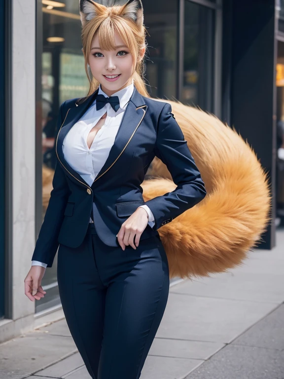 ((Highest quality, 8k)), ((masterpiece)), (Highest Resolution), Perfect Face, Fox Woman, Beautiful woman, public, Has one tail, She has thick thighs, a large tail, She has a yellow fox tail, She wags her tail, smile, fur collar, Large Breasts, She wears a business suit, Beautiful Hips, A tail sticks out from its rear end, Walking