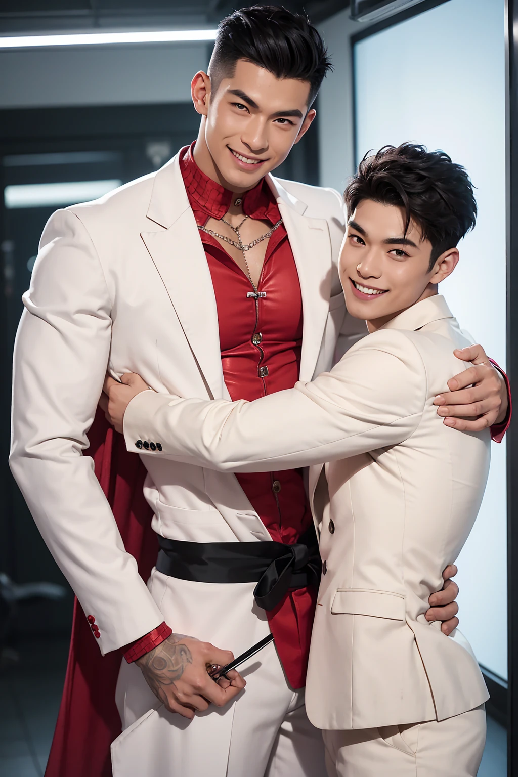 A man with black hair, pink highlights, black eyes, a handsome face, Full chest muscles, Buzz cut，Stylish short hair，a mischievous smile, eyebrow piercing, nose piercing, wearing a Spider-Man costume. Face looks like a Chinese man A little muscular sexy poses and hugged the neck of a tall man with white hair, red eyes, and a mischievous smile. Wear a white suit and have long hair. His face was handsome, tall, muscular, and smiling. He held a katana.