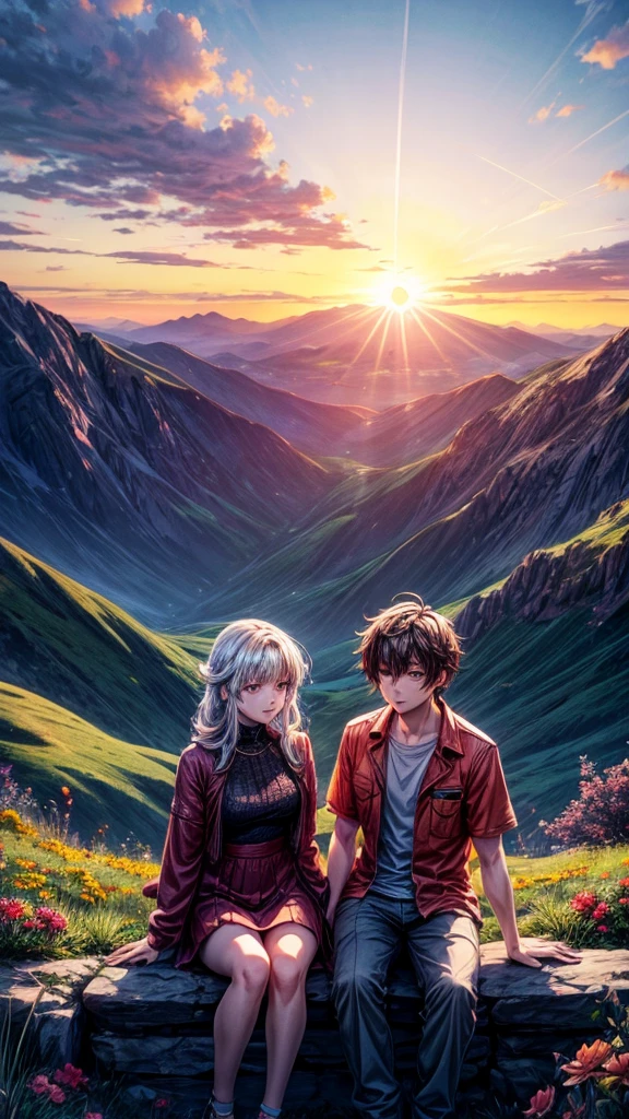a beautiful mountain, a boy and girl sitting on the mountain watching the sunset, mountains, flowers, sunset, sunny, couple, short clothes, moody color, anime style,