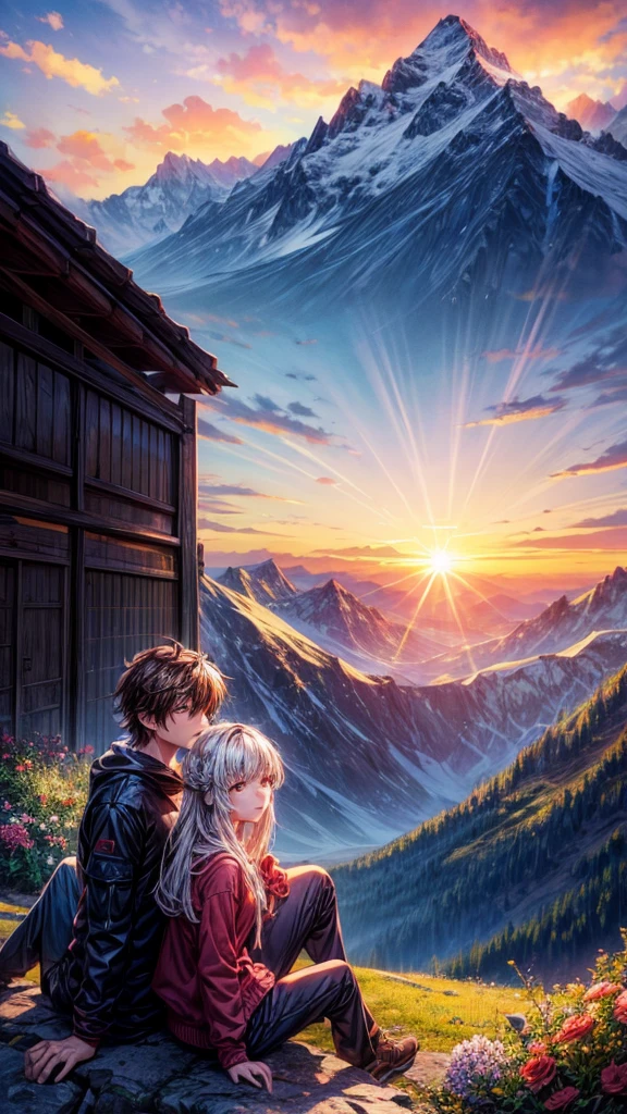 a beautiful mountain, a boy and girl sitting on the mountain watching the sunset, mountains, flowers, sunset, sunny, couple, short clothes, moody color, anime style,