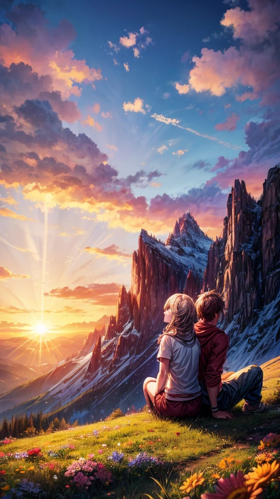 a beautiful mountain, a boy and girl sitting on the mountain watching the sunset, mountains, flowers, sunset, sunny, couple, short clothes, moody color, anime style,