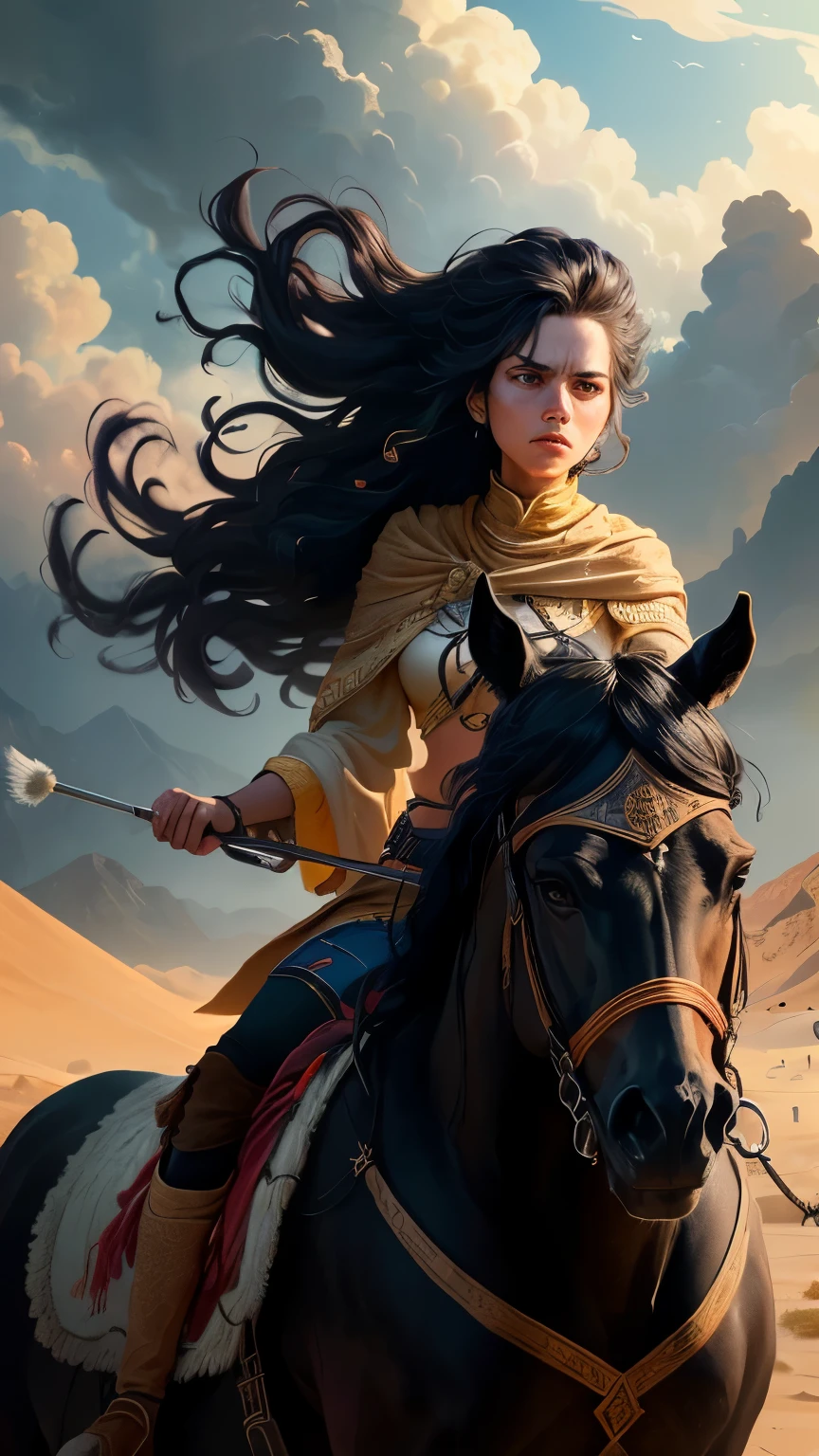 ((best quality)), ((masterpiece)), (detailed), A digital illustration of an injured young woman riding a dark black horse in the desert with a furious expression on her face, dressed in traditional warrior attire with long black hair flowing in the wind. the background is dark and stormy