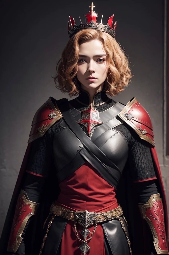 A man with short curly blond hair wearing black armor with red details and a crown of the same dark material. Her look is completed by a long cape, highlighting his nobility and authority.