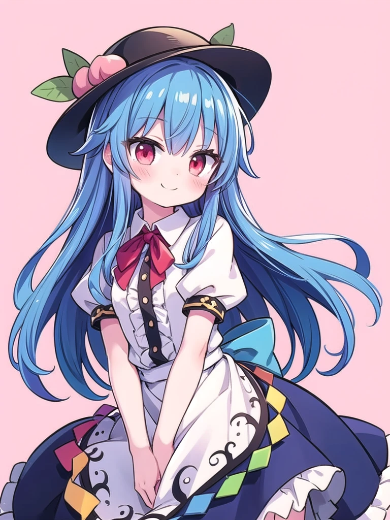 1girl, masterpiece, best quality, perfect hands, hinanawi tenshi, hat, black hat, puffy short sleeves, smile, very long hair, blush, peach, blue hair, long hair, red eyes, bow, short sleeves, shirt, skirt, frills, frilled dress, red ribbon