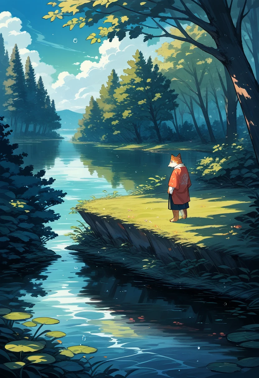 High-quality illustrations by Claude Monet, Impressionism, cover_page, highres, absurdres, detailed background, lake, dawn, detailed forest, clouds, Mysterious and romantic atmosphere, caustics surface(refraction, polarization)perfect anatomy(handsome 1boy, single, kemono, solo focus)volumetric lighting, Wet clothes, Water droplets(furry anthro)(very detailed body fur)full body, soft and delicate color palette, dramatic composition,