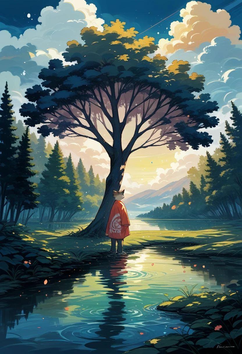 High-quality illustrations by Claude Monet, Impressionism, cover_page, highres, absurdres, detailed background, lake, dawn, detailed forest, clouds, Mysterious and romantic atmosphere, caustics surface(refraction, polarization)perfect anatomy(handsome 1boy, single, kemono, solo focus)volumetric lighting, Wet clothes, Water droplets(furry anthro)(very detailed body fur)full body, soft and delicate color palette, dramatic composition,