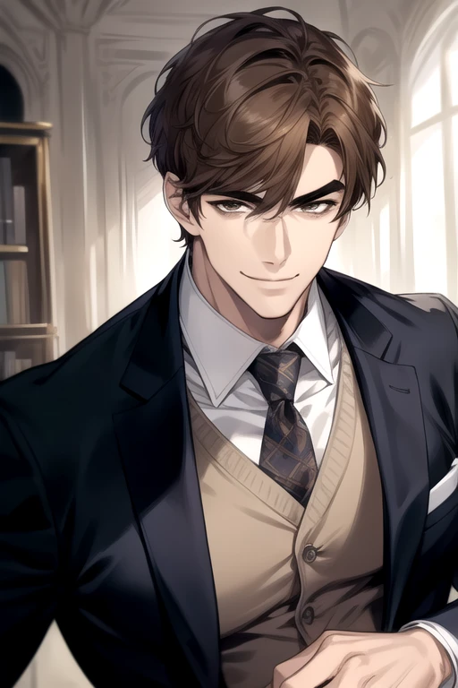 masterpiece, best quality, realistic, 1man, male focus, tall muscular, handsome, [thick eyebrows:0.5], smile, suit, portrait, extremely detailed face, c
Brown hair, (short hair)
