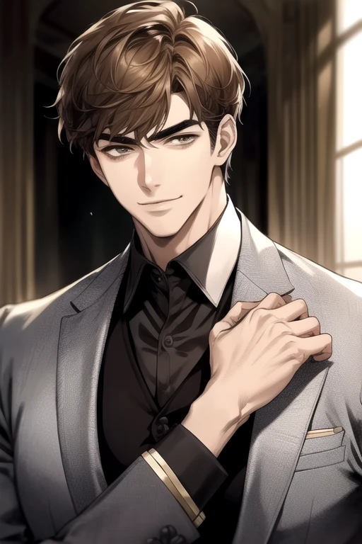 masterpiece, best quality, realistic, 1man, male focus, tall muscular, handsome, [thick eyebrows:0.5], smile, suit, portrait, extremely detailed face, c
Brown hair, (short hair)