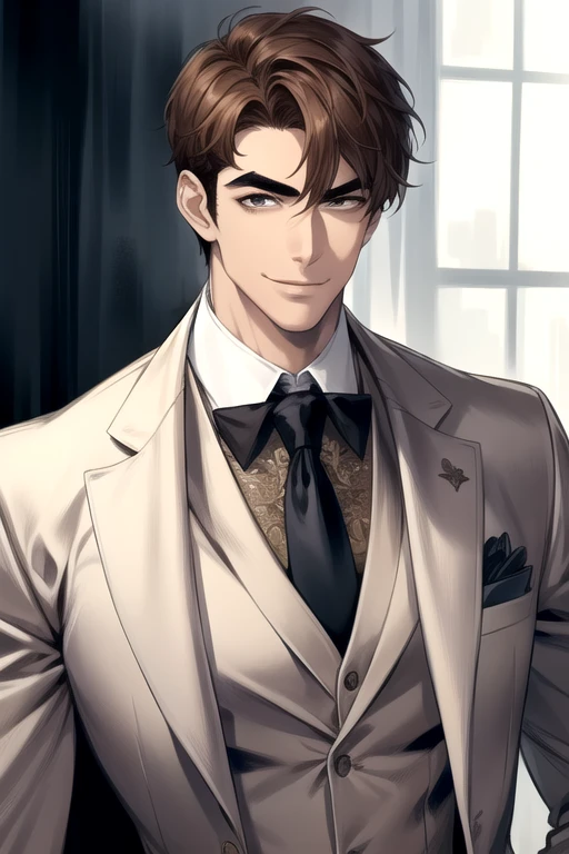 masterpiece, best quality, realistic, 1man, male focus, tall muscular, handsome, [thick eyebrows:0.5], smile, suit, portrait, extremely detailed face, c
Brown hair, (short hair)