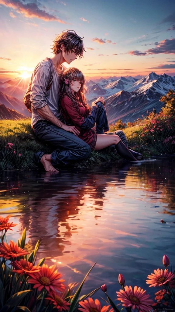 a beautiful mountain, a boy and girl sitting on the mountain watching the sunset, mountains, flowers, sunset, sunny, couple, short clothes, moody color, anime style,