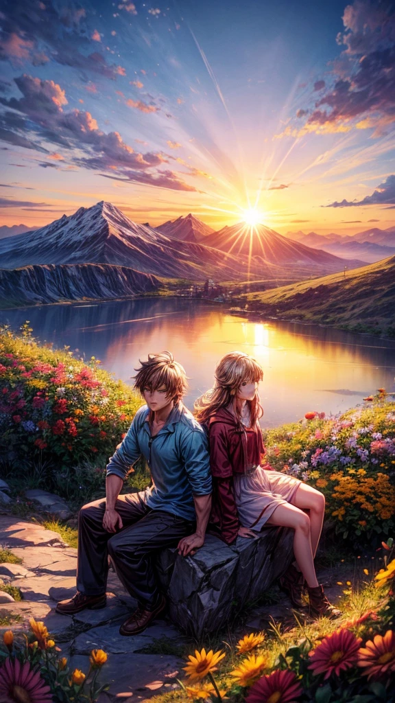 a beautiful mountain, a boy and girl sitting on the mountain watching the sunset, mountains, flowers, sunset, sunny, couple, short clothes, moody color, anime style,