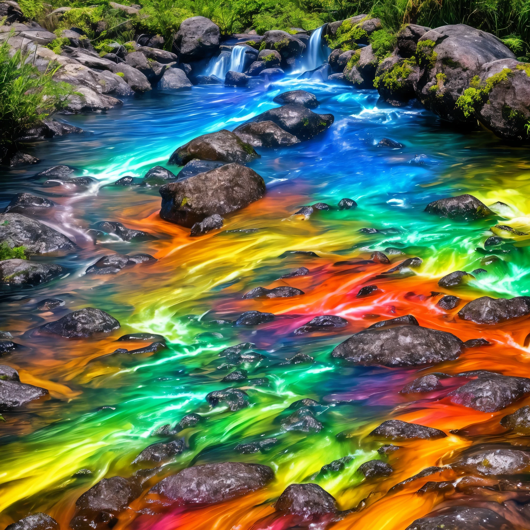 arafly colored water in a stream with steam rising from it, mystical colors, bubbling geysers, xray melting colors!!, geysers of steam, ethereal rainbows, amazing color photograph, rainbow, rainbow reflections, a colorful, beautiful and mysterious, mystic colors, muted but vibrant colors, magical colors and atmosphere, breathtaking colors, water colors