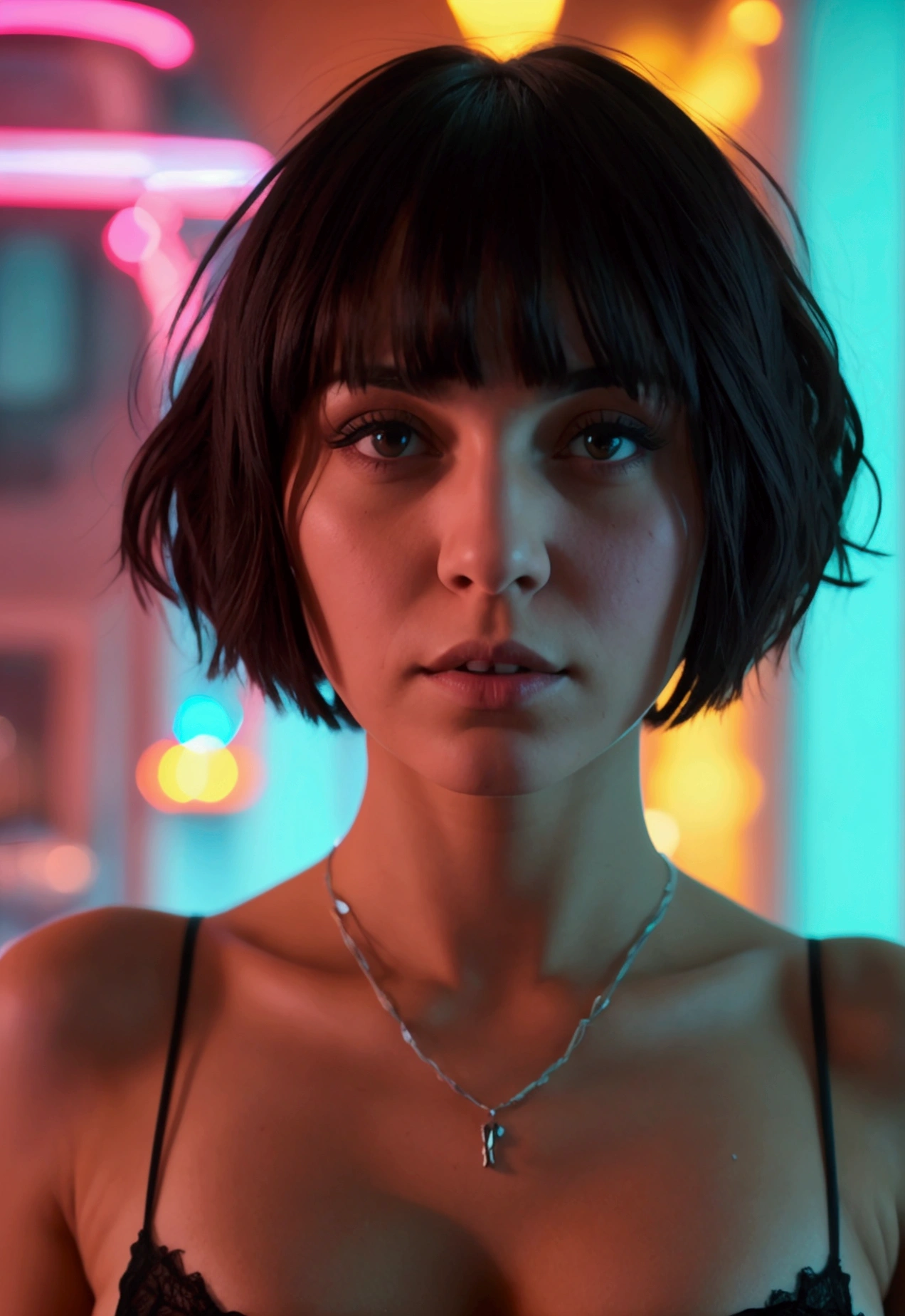 Pov: Gothic brunette girlfriend with short hair to the shoulders at the Motel Musculous body naked