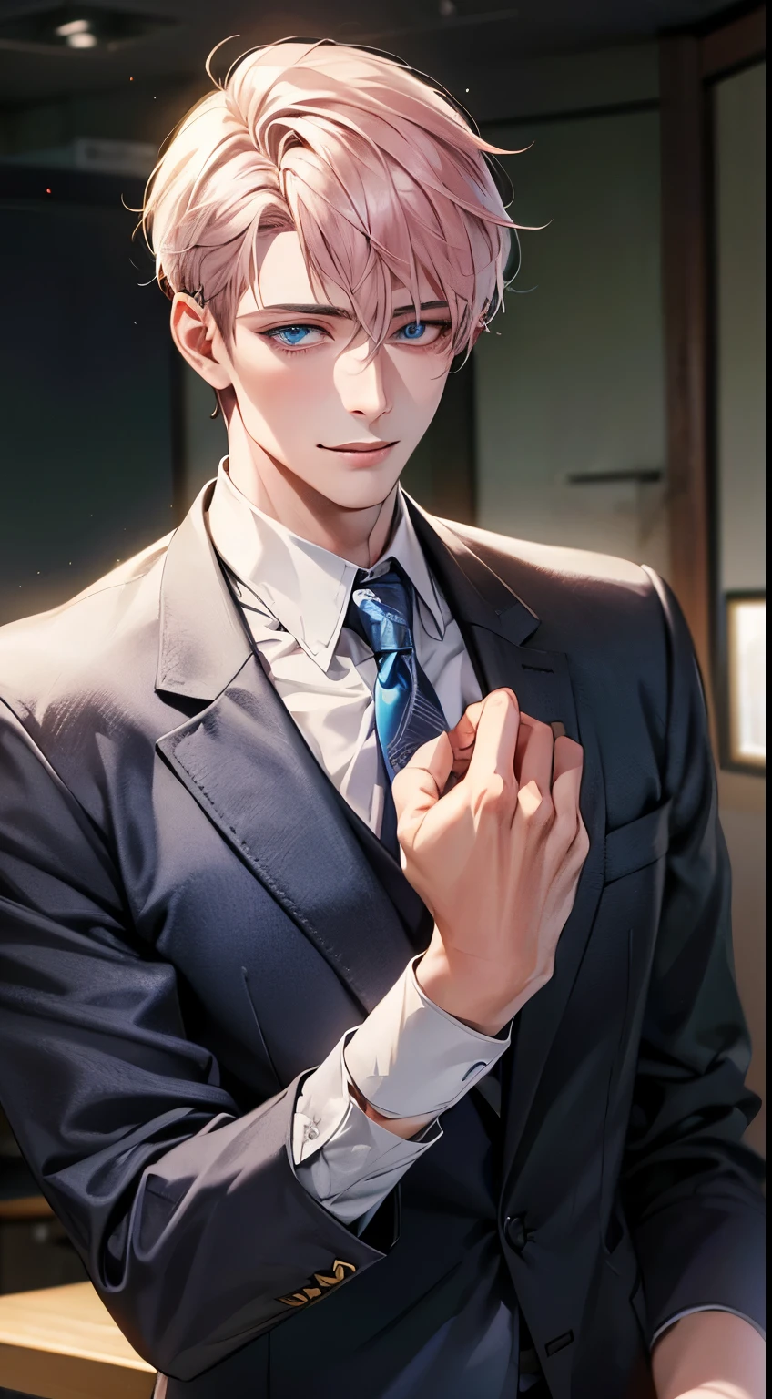 (Highest quality,4K,8K,High resolution,masterpiece:1.2),Super detailed,(Realistic,photoRealistic,photo-Realistic:1.37),1 person,31 years old,Mature Men,Beautiful skin、very handsome,Expressionless,smile,Short gray pink hair,blue eyes,Sharp Eyes,A perfect face without a doubt,Businessman,Office Background,Cinema Lighting,HDR image,tie、