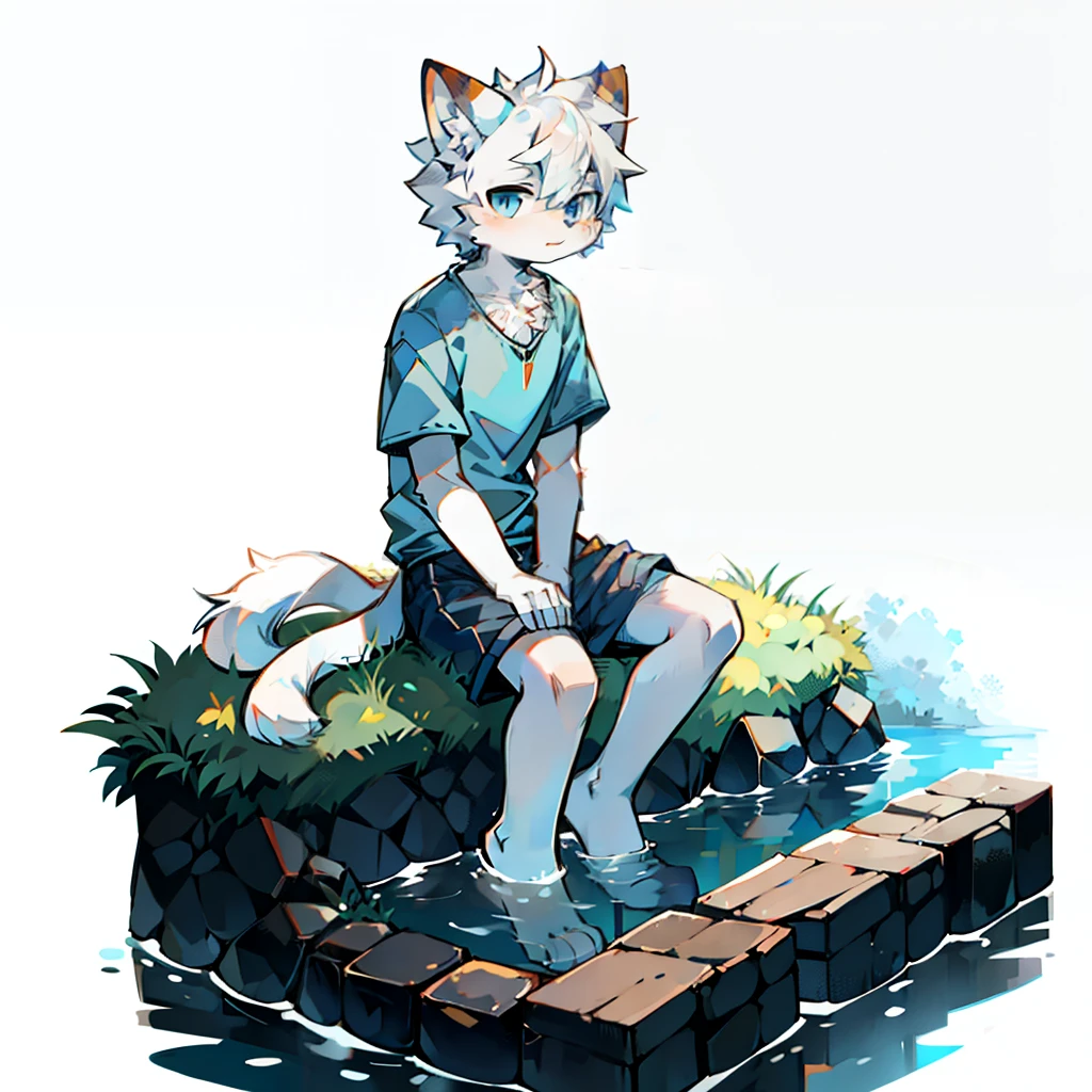 furry， cat boy，（White hair），（Dark gray skin），blue eyes，sitting on the bank of the river，（Soak your feet in water），（（Wear short white socks）），Light blue pajamas and shorts，White background，The only person，high quality