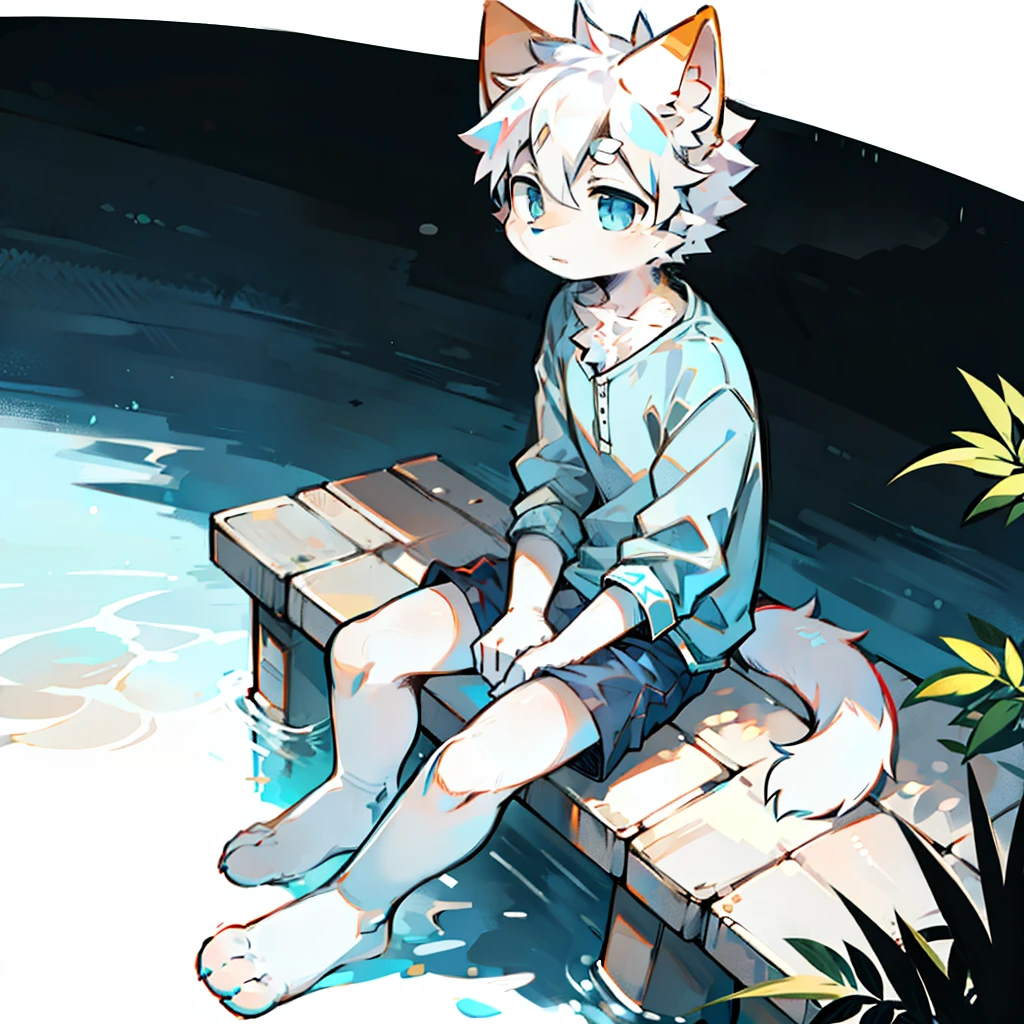 furry, cat boy,(White hair),(Dark gray skin),blue eyes,sitting on the bank of the river,(Soak your feet in water),((Wear short white socks)),Light blue pajamas and shorts,White background,The only person,high quality