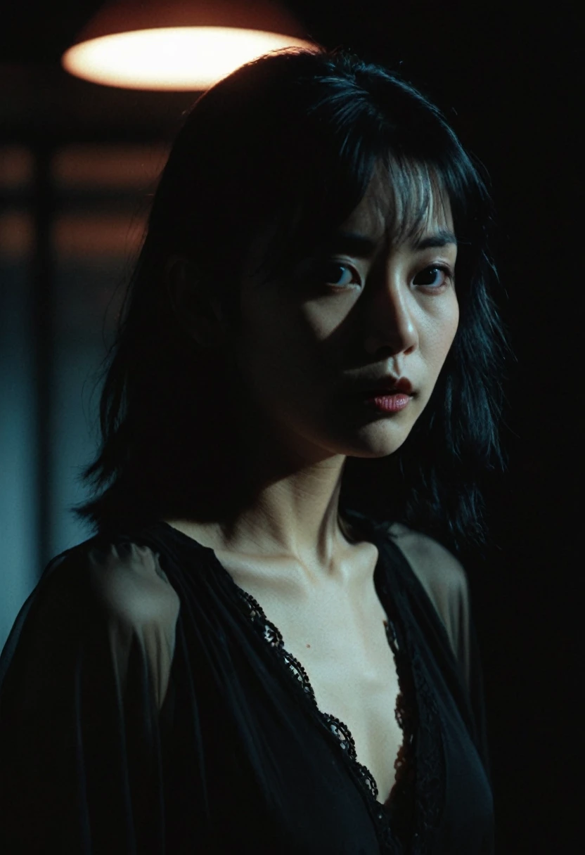 realistic, Analog style, vhs style, 8mm film, chromatic aberration, Dvd screengrab, 80s movie, cinematic lighting, Yumi tsu, Live portrait photography, Contemporary photography, in the style of gothic dark intensity, snapshot aesthetic, light black, chinapunk, slender, karencore, high details, realsitic shadow, in motion, film still, dual light